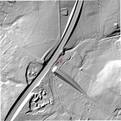 Shaded relief map of the ground around BB53DU, computed from Environment Agency LiDAR. The ground here sits at about 178 m above sea level and falls 28 m across the surrounding 800 m. Surface water reaching this point runs off ground lying to the east-south-east, 16.9 m higher.