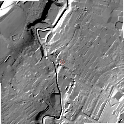 Shaded relief map of the ground around BB53EG, computed from Environment Agency LiDAR. The ground here sits at about 146 m above sea level and falls 49 m across the surrounding 800 m. Surface water reaching this point runs off ground lying to the east-north-east, 3.8 m higher.