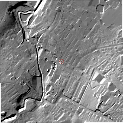Shaded relief map of the ground around BB53ER, computed from Environment Agency LiDAR. The ground here sits at about 149 m above sea level and falls 55 m across the surrounding 800 m. Surface water reaching this point runs off ground lying to the south-south-east, 12.6 m higher.
