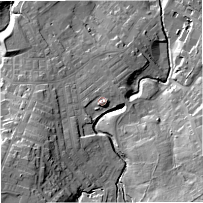 Shaded relief map of the ground around BB53HG, computed from Environment Agency LiDAR. The ground here sits at about 158 m above sea level and falls 36 m across the surrounding 800 m. Surface water reaching this point runs off ground lying to the south-east, 5.3 m higher.
