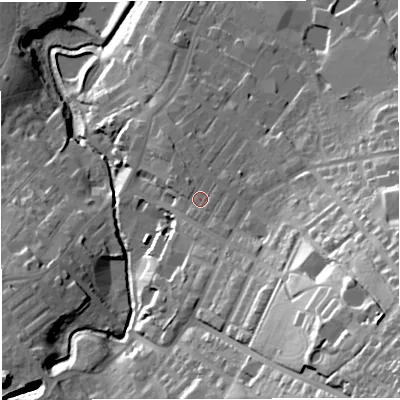 Shaded relief map of the ground around BB53HH, computed from Environment Agency LiDAR. The ground here sits at about 149 m above sea level and falls 56 m across the surrounding 800 m. Surface water reaching this point runs off ground lying to the south-east, 2.4 m higher.