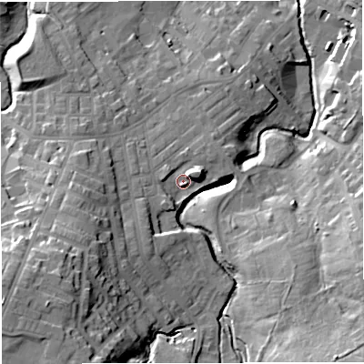 Shaded relief map of the ground around BB53HR, computed from Environment Agency LiDAR. The ground here sits at about 155 m above sea level and falls 36 m across the surrounding 800 m. Surface water reaching this point runs off ground lying to the south-west, 12.5 m higher.