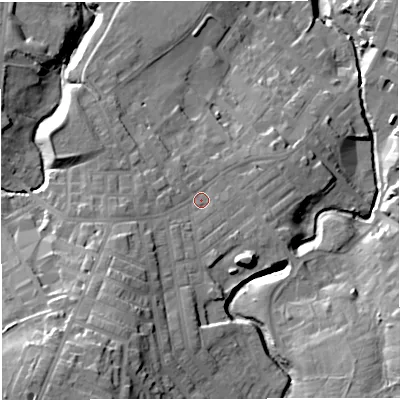 Shaded relief map of the ground around BB53HS, computed from Environment Agency LiDAR. The ground here sits at about 153 m above sea level and falls 41 m across the surrounding 800 m. Surface water reaching this point runs off ground lying to the south-west, 12.0 m higher.