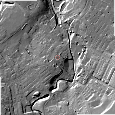 Shaded relief map of the ground around BB53HU, computed from Environment Agency LiDAR. The ground here sits at about 150 m above sea level and falls 38 m across the surrounding 800 m. Surface water reaching this point runs off ground lying to the south-west, 3.8 m higher.