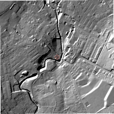 Shaded relief map of the ground around BB53HX, computed from Environment Agency LiDAR. The ground here sits at about 146 m above sea level and falls 47 m across the surrounding 800 m. Surface water reaching this point runs off ground lying to the north-west, 7.2 m higher.