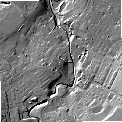 Shaded relief map of the ground around BB53HY, computed from Environment Agency LiDAR. The ground here sits at about 149 m above sea level and falls 39 m across the surrounding 800 m. Surface water reaching this point runs off ground lying to the west-south-west, 4.4 m higher.