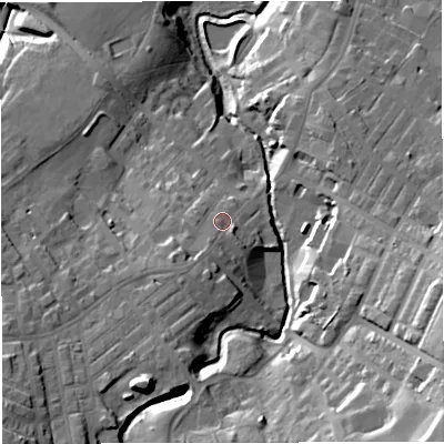 Shaded relief map of the ground around BB53JB, computed from Environment Agency LiDAR. The ground here sits at about 149 m above sea level and falls 38 m across the surrounding 800 m. Surface water reaching this point runs off ground lying to the south-west, 4.7 m higher.