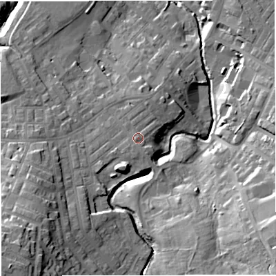 Shaded relief map of the ground around BB53JP, computed from Environment Agency LiDAR. The ground here sits at about 154 m above sea level and falls 40 m across the surrounding 800 m. Surface water reaching this point runs off ground lying to the south-west, 1.6 m higher.