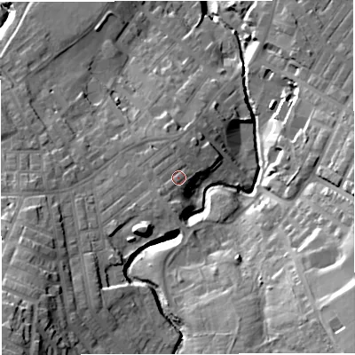 Shaded relief map of the ground around BB53JT, computed from Environment Agency LiDAR. The ground here sits at about 153 m above sea level and falls 40 m across the surrounding 800 m. Surface water reaching this point runs off ground lying to the south-west, 2.0 m higher.