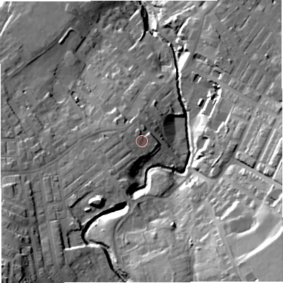 Shaded relief map of the ground around BB53JU, computed from Environment Agency LiDAR. The ground here sits at about 152 m above sea level and falls 39 m across the surrounding 800 m. Surface water reaching this point runs off ground lying to the west-south-west, 1.9 m higher.