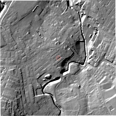 Shaded relief map of the ground around BB53JX, computed from Environment Agency LiDAR. The ground here sits at about 153 m above sea level and falls 40 m across the surrounding 800 m. Surface water reaching this point runs off ground lying to the south-west, 2.1 m higher.