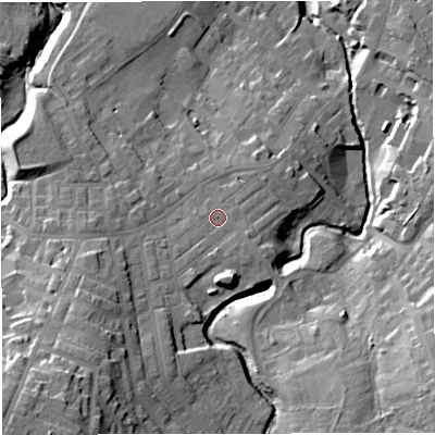 Shaded relief map of the ground around BB53JY, computed from Environment Agency LiDAR. The ground here sits at about 153 m above sea level and falls 41 m across the surrounding 800 m. Surface water reaching this point runs off ground lying to the south-west, 19.8 m higher.