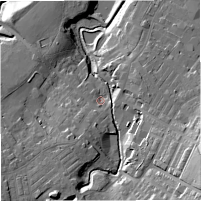 Shaded relief map of the ground around BB53LQ, computed from Environment Agency LiDAR. The ground here sits at about 142 m above sea level and falls 40 m across the surrounding 800 m. Surface water reaching this point runs off ground lying to the south-west, 12.9 m higher.