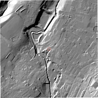 Shaded relief map of the ground around BB53LU, computed from Environment Agency LiDAR. The ground here sits at about 145 m above sea level and falls 50 m across the surrounding 800 m. Surface water reaching this point runs off ground lying to the east-south-east, 3.7 m higher.