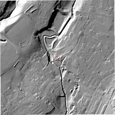 Shaded relief map of the ground around BB53LX, computed from Environment Agency LiDAR. The ground here sits at about 141 m above sea level and falls 45 m across the surrounding 800 m. Surface water reaching this point runs off ground lying to the east, 6.5 m higher.