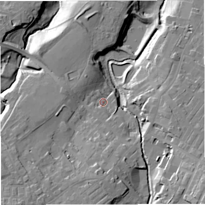 Shaded relief map of the ground around BB53NT, computed from Environment Agency LiDAR. The ground here sits at about 140 m above sea level and falls 34 m across the surrounding 800 m. Surface water reaching this point runs off ground lying to the south-west, 19.9 m higher.