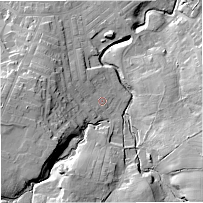 Shaded relief map of the ground around BB53QF, computed from Environment Agency LiDAR. The ground here sits at about 158 m above sea level and falls 35 m across the surrounding 800 m. Surface water reaching this point runs off ground lying to the west, 16.8 m higher.
