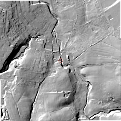 Shaded relief map of the ground around BB53QH, computed from Environment Agency LiDAR. The ground here sits at about 159 m above sea level and falls 39 m across the surrounding 800 m. Surface water reaching this point runs off ground lying to the south, 32.9 m higher.
