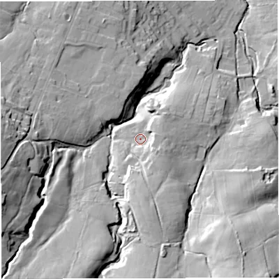 Shaded relief map of the ground around BB53QL, computed from Environment Agency LiDAR. The ground here sits at about 171 m above sea level and falls 47 m across the surrounding 800 m. Surface water reaching this point runs off ground lying to the south-south-east, 12.4 m higher.
