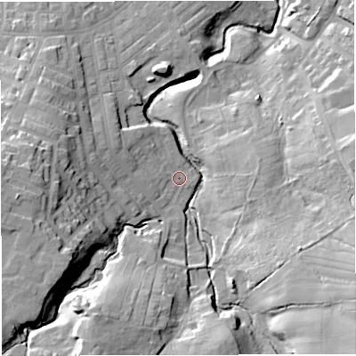 Shaded relief map of the ground around BB53QZ, computed from Environment Agency LiDAR. The ground here sits at about 156 m above sea level and falls 38 m across the surrounding 800 m. Surface water reaching this point runs off ground lying to the south-south-west, 20.4 m higher.