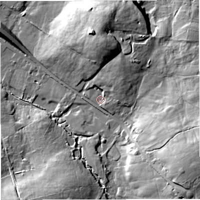 Shaded relief map of the ground around BB53RG, computed from Environment Agency LiDAR. The ground here sits at about 186 m above sea level and falls 38 m across the surrounding 800 m. Surface water reaching this point runs off ground lying to the south-east, 25.2 m higher.