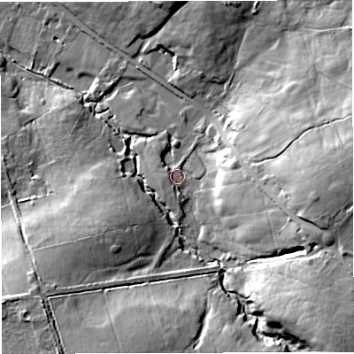 Shaded relief map of the ground around BB53RH, computed from Environment Agency LiDAR. The ground here sits at about 188 m above sea level and falls 33 m across the surrounding 800 m. Surface water reaching this point runs off ground lying to the south-east, 25.8 m higher.