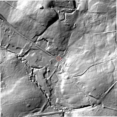 Shaded relief map of the ground around BB53RQ, computed from Environment Agency LiDAR. The ground here sits at about 187 m above sea level and falls 37 m across the surrounding 800 m. Surface water reaching this point runs off ground lying to the east-south-east, 23.7 m higher.