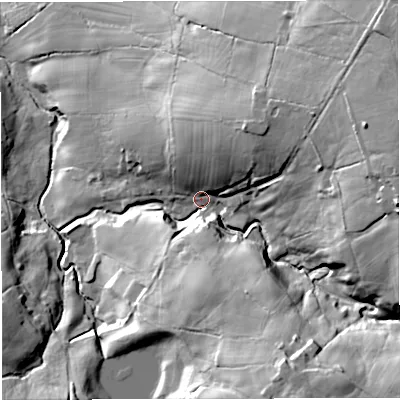 Shaded relief map of the ground around BB53RU, computed from Environment Agency LiDAR. The ground here sits at about 180 m above sea level and falls 56 m across the surrounding 800 m. Surface water reaching this point runs off ground lying to the east, 38.6 m higher.