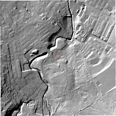 Shaded relief map of the ground around BB53SY, computed from Environment Agency LiDAR. The ground here sits at about 153 m above sea level and falls 45 m across the surrounding 800 m. Surface water reaching this point runs off ground lying to the south-south-east, 12.2 m higher.