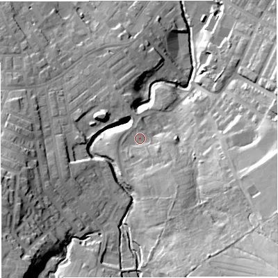 Shaded relief map of the ground around BB53TA, computed from Environment Agency LiDAR. The ground here sits at about 154 m above sea level and falls 40 m across the surrounding 800 m. Surface water reaching this point runs off ground lying to the south-south-east, 9.8 m higher.
