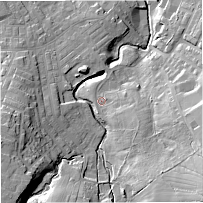 Shaded relief map of the ground around BB53TW, computed from Environment Agency LiDAR. The ground here sits at about 156 m above sea level and falls 38 m across the surrounding 800 m. Surface water reaching this point runs off ground lying to the south-east, 5.0 m higher.