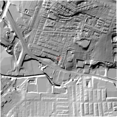 Shaded relief map of the ground around BB54AA, computed from Environment Agency LiDAR. The ground here sits at about 125 m above sea level and falls 53 m across the surrounding 800 m. Surface water reaching this point runs off ground lying to the north-north-east, 40.1 m higher.