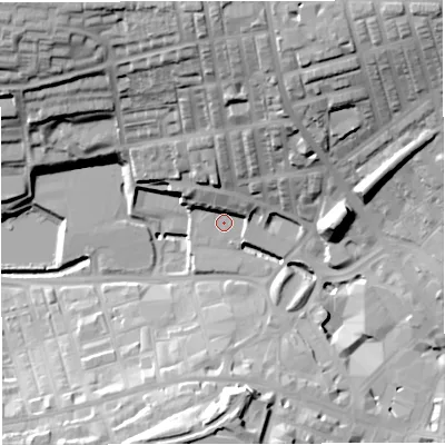 Shaded relief map of the ground around BB54AH, computed from Environment Agency LiDAR. The ground here sits at about 129 m above sea level and falls 43 m across the surrounding 800 m. Surface water reaching this point runs off ground lying to the north, 7.4 m higher.