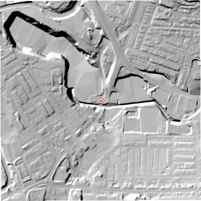 Shaded relief map of the ground around BB54EJ, computed from Environment Agency LiDAR. The ground here sits at about 115 m above sea level and falls 40 m across the surrounding 800 m. Surface water reaching this point runs off ground lying to the south-east, 21.1 m higher.