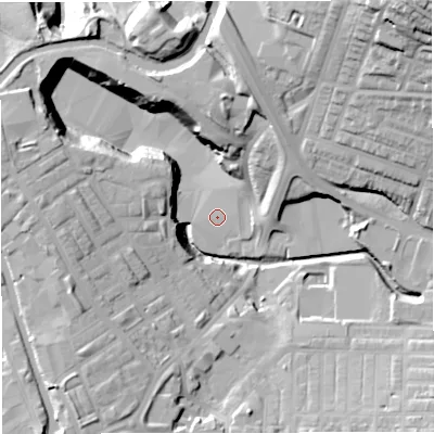Shaded relief map of the ground around BB54EL, computed from Environment Agency LiDAR. The ground here sits at about 115 m above sea level and falls 49 m across the surrounding 800 m. Surface water reaching this point runs off ground lying to the south-west, 21.3 m higher.