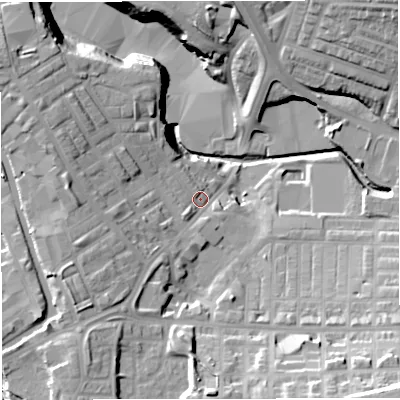 Shaded relief map of the ground around BB54EP, computed from Environment Agency LiDAR. The ground here sits at about 120 m above sea level and falls 30 m across the surrounding 800 m. Surface water reaching this point runs off ground lying to the south-west, 12.0 m higher.