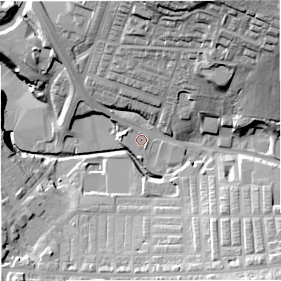 Shaded relief map of the ground around BB54EQ, computed from Environment Agency LiDAR. The ground here sits at about 121 m above sea level and falls 49 m across the surrounding 800 m. Surface water reaching this point runs off ground lying to the north-west, 1.1 m higher.