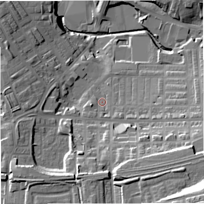 Shaded relief map of the ground around BB54HA, computed from Environment Agency LiDAR. The ground here sits at about 123 m above sea level and falls 44 m across the surrounding 800 m. Surface water reaching this point runs off ground lying to the west-south-west, 3.9 m higher.