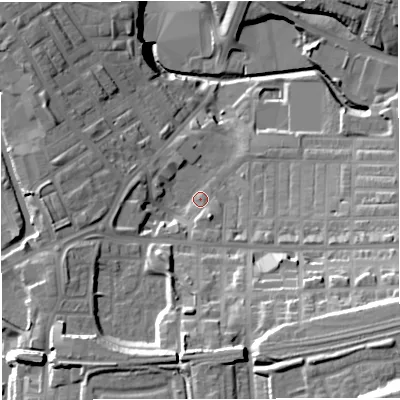 Shaded relief map of the ground around BB54HB, computed from Environment Agency LiDAR. The ground here sits at about 123 m above sea level and falls 40 m across the surrounding 800 m. Surface water reaching this point runs off ground lying to the south, 16.9 m higher.