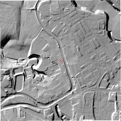 Shaded relief map of the ground around BB54HU, computed from Environment Agency LiDAR. The ground here sits at about 128 m above sea level and falls 28 m across the surrounding 800 m. Surface water reaching this point runs off ground lying to the south-east, 4.7 m higher.