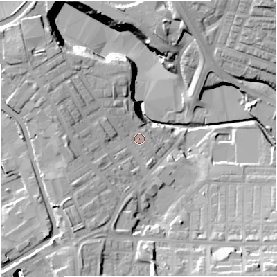 Shaded relief map of the ground around BB54JF, computed from Environment Agency LiDAR. The ground here sits at about 122 m above sea level and falls 28 m across the surrounding 800 m. Surface water reaching this point runs off ground lying to the west-north-west, 9.9 m higher.