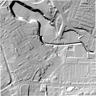 Shaded relief map of the ground around BB54JG, computed from Environment Agency LiDAR. The ground here sits at about 119 m above sea level and falls 31 m across the surrounding 800 m. Surface water reaching this point runs off ground lying to the south-east, 22.6 m higher.