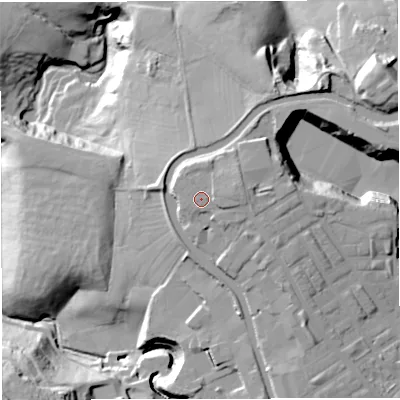 Shaded relief map of the ground around BB54JP, computed from Environment Agency LiDAR. The ground here sits at about 131 m above sea level and falls 36 m across the surrounding 800 m. Surface water reaching this point runs off ground lying to the east, 1.5 m higher.