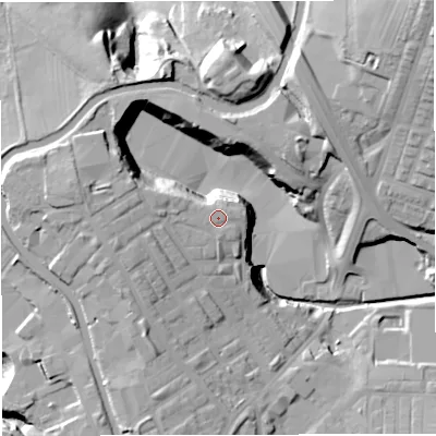 Shaded relief map of the ground around BB54JQ, computed from Environment Agency LiDAR. The ground here sits at about 126 m above sea level and falls 45 m across the surrounding 800 m. Surface water reaching this point runs off ground lying to the west, 0.9 m higher.
