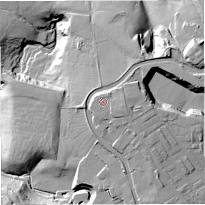 Shaded relief map of the ground around BB54JR, computed from Environment Agency LiDAR. The ground here sits at about 131 m above sea level and falls 36 m across the surrounding 800 m. Surface water reaching this point runs off ground lying to the south-east, 0.6 m higher.