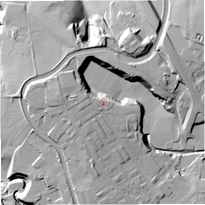Shaded relief map of the ground around BB54JX, computed from Environment Agency LiDAR. The ground here sits at about 128 m above sea level and falls 37 m across the surrounding 800 m. Surface water reaching this point runs off ground lying to the west-south-west, 5.1 m higher.