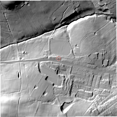 Shaded relief map of the ground around BB54LP, computed from Environment Agency LiDAR. The ground here sits at about 154 m above sea level and falls 78 m across the surrounding 800 m. Surface water reaching this point runs off ground lying to the south-west, 49.6 m higher.