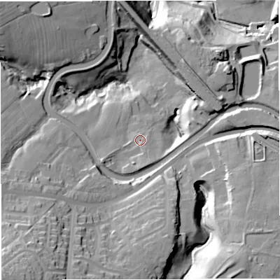 Shaded relief map of the ground around BB54NY, computed from Environment Agency LiDAR. The ground here sits at about 126 m above sea level and falls 53 m across the surrounding 800 m. Surface water reaching this point runs off ground lying to the east-north-east, 17.9 m higher.