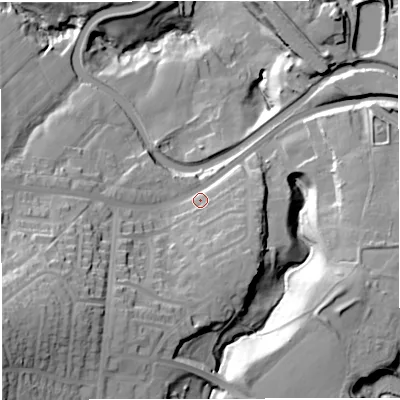Shaded relief map of the ground around BB54NZ, computed from Environment Agency LiDAR. The ground here sits at about 134 m above sea level and falls 50 m across the surrounding 800 m. Surface water reaching this point runs off ground lying to the west-south-west, 31.5 m higher.