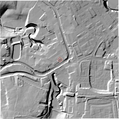 Shaded relief map of the ground around BB54PD, computed from Environment Agency LiDAR. The ground here sits at about 128 m above sea level and falls 32 m across the surrounding 800 m. Surface water reaching this point runs off ground lying to the south-west, 5.5 m higher.